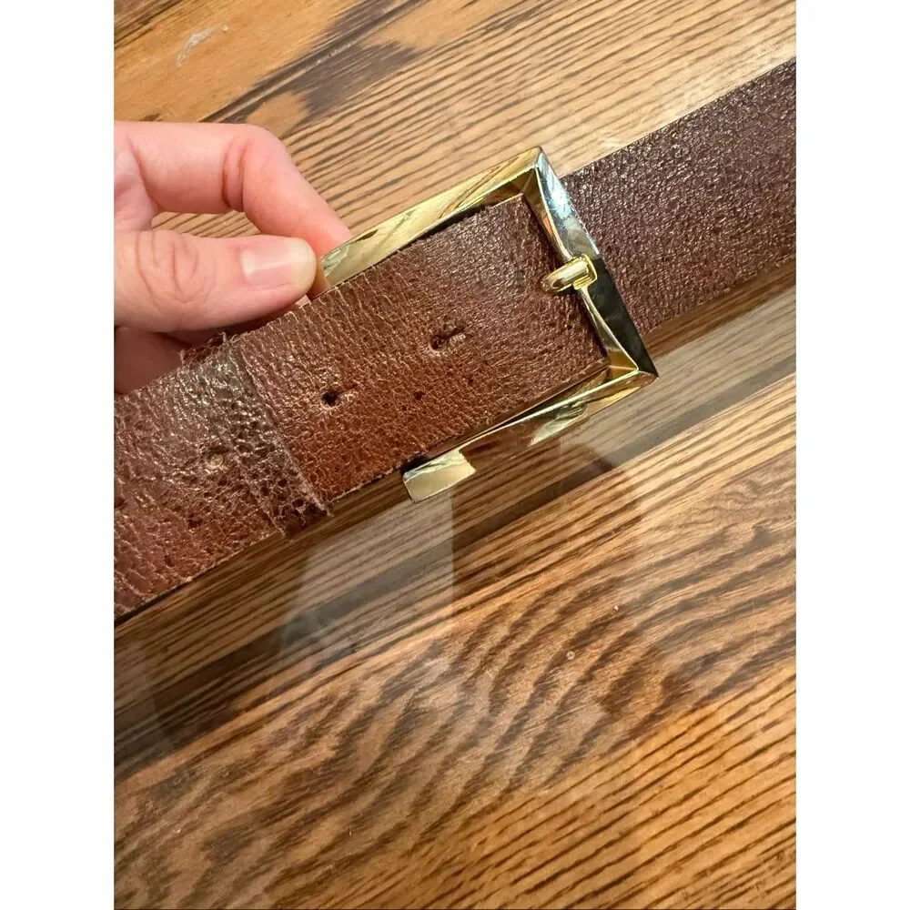 L' Immagin Brown Crackle Leather Rectangular Gold Polished Buckle Belt Size 34